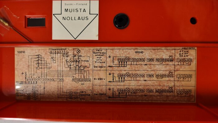 Schematisk ritning av elektriska kopplingar i en bastu-styrenhet, märkt "Suomi-Finland", med instruktioner för spänning och anslutningar.