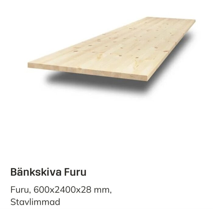 Furubänkskiva, mått 600x2400x28 mm, stavlimmad och plan för monteringar som bordsskiva eller bänkskiva, naturlig träfinish.