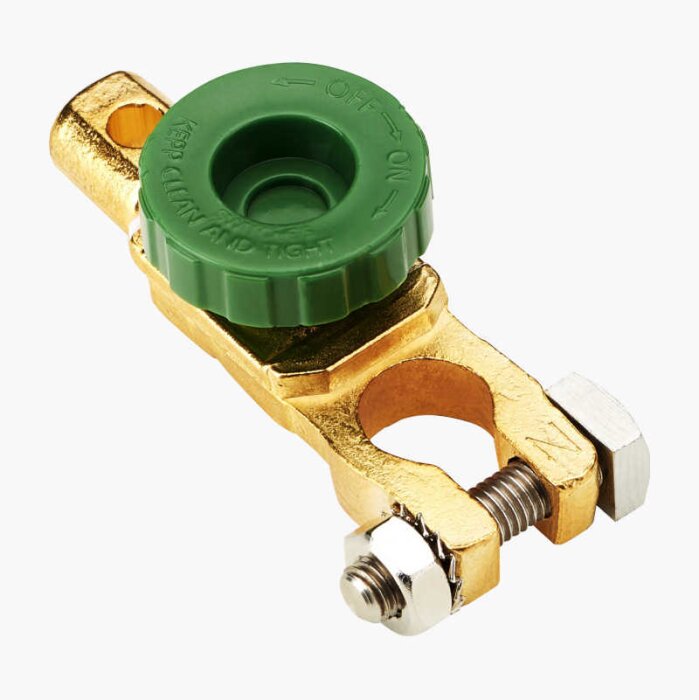 Batterifrånskiljare med grön vridknapp för polanslutning, används för att koppla från och till batteriström, med text OFF/ON tydligt markerad.