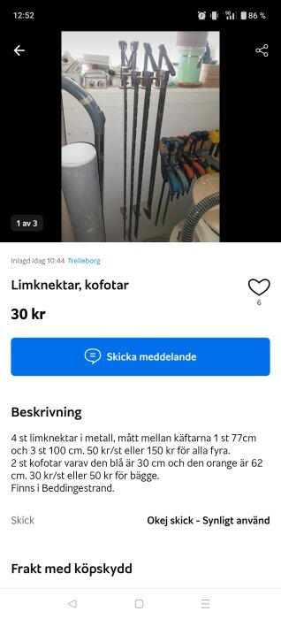Fyra metalliska limknektar och flera kofötter i ett verkstadsutrymme.