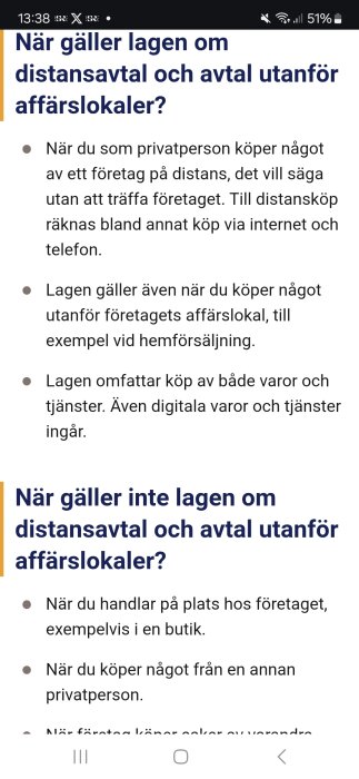 Skärmbild av text om när lagen om distansavtal och avtal utanför affärslokaler gäller och inte gäller.