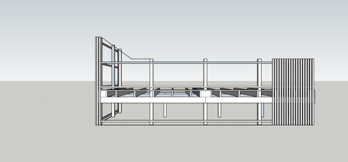 3D-modell av en uteplatskonstruktion med bärlinor, bjälklag och spaljéer, sedd från sidan.