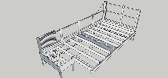 3D-modell av en planerad uteplats med bjälklag, bärlinor och paneler, visad från sidan.