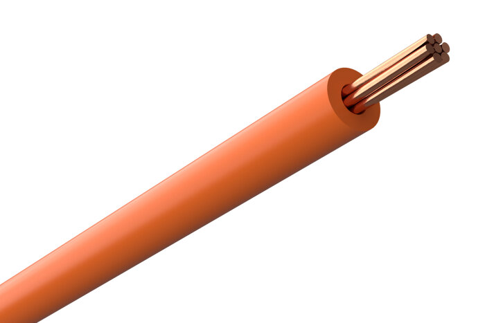 Orange kabel med flera kardeler av koppar inuti.