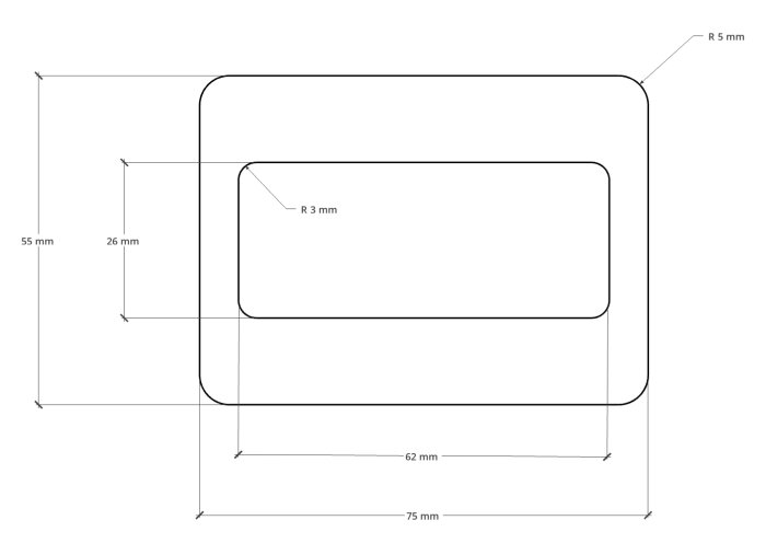 Rektangulär ritning med mått: 75x55 mm, inre rektangel 62x26 mm, rundade hörn R 5 mm och R 3 mm.