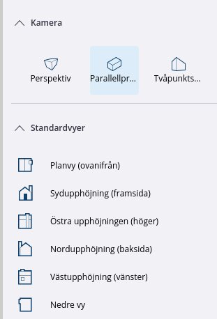 Kamerameny med val för perspektiv, parallellprojektion och standardvyer som planvy och sidovy.