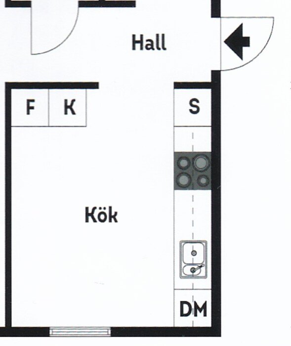 Planskiss av kök med markerade platser för kombikyl (F), högskåp (K), spis (S) och diskmaskin (DM) vid hallen.