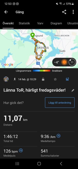 Skärmdump av promenadapp som visar en 11,07 km rutt mellan Länna och Skogås med karta, distans, tid, tempo, puls och brända kalorier.