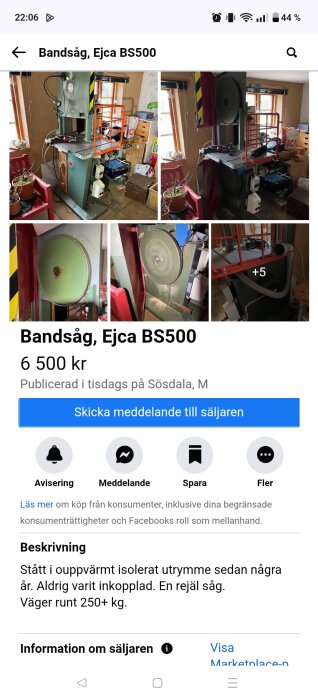 Bandsåg Ejca BS500 i garage med verktyg och krukväxter. Maskinen är omgiven av trälådor och andra föremål. Säljs för 6 500 kr.