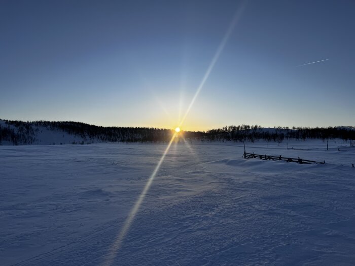 Solnedgång över ett snötäckt landskap med en trästaket i förgrunden och skog i bakgrunden, en klar vinterhimmel ovanför.