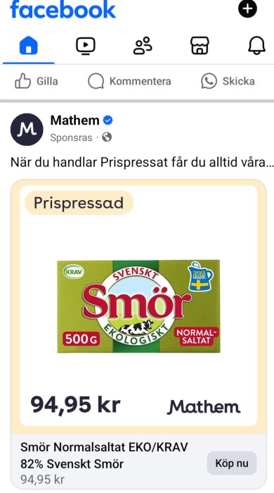 Ekologiskt normalsaltat smör från Mathem, 500g för 94,95 kr, svensk grädde, KRAV-märkt, annonserat som prispressat.