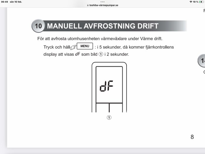 Manuell avfrostning driftanvisning, fjärrkontrolldisplay visar "dF" efter att ha tryckt och hållit "Menu"-knappen i 5 sekunder.