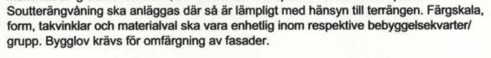 Bild av en text från en detaljplan om utformning av byggnader, som kräver bygglov för fasadändringar. Texten betonar enhetlig färgskala och materialval.