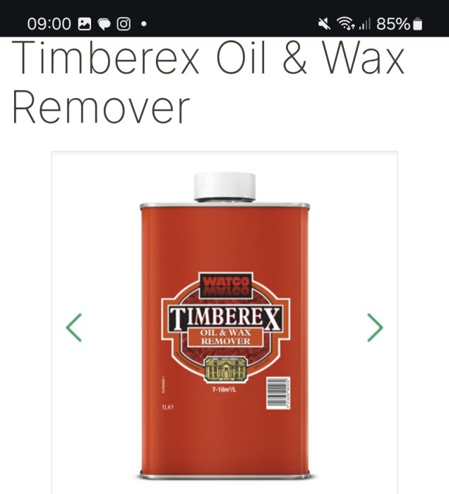 Behållare av Timberex Oil & Wax Remover för att ta bort olja och vax från ytor.