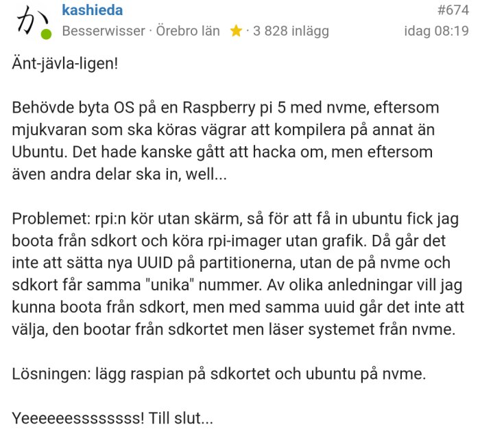 Diskussionsinlägg om installation av Ubuntu på Raspberry Pi 5 med olika boot-metoder och UUID-utmaningar.