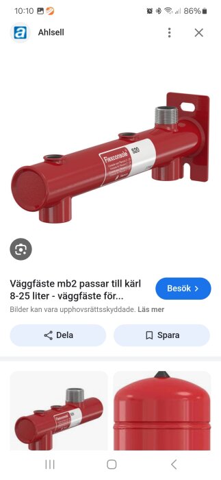 Röd väggkonsol för expanderkärl, märkt "Flexconsole S20", med gängade anslutningar för väggmontering, kapacitet 8-25 liter.