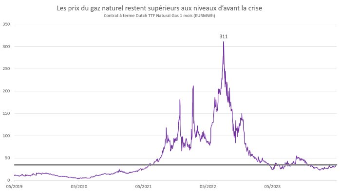 Graf över naturgaspriser från 2019 till 2023 med en topp under 2022, visande effekten av gaskrisen.