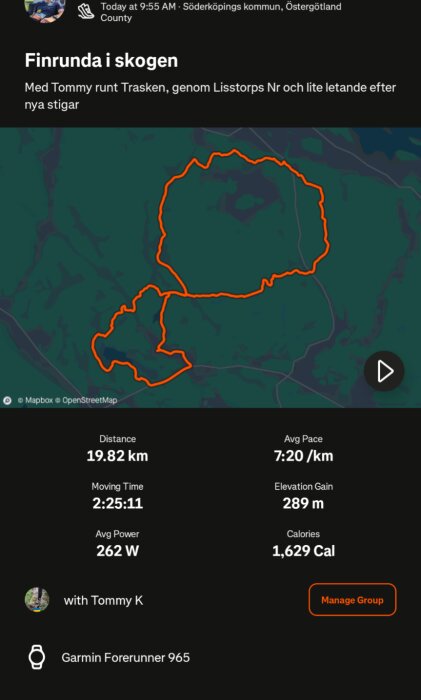 Karta över löprunda i skogen nära Söderköping, 19,82 km lång med en genomsnittlig fart på 7:20 min/km, höjdökning 289 m, förbrända kalorier 1,629.