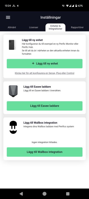 Inställningar-menyn i en app som visar alternativ för att lägga till nya enheter och integrera Easee och Wallbox laddare.