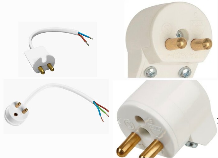 Lampproppar med jordad och ojordad koppling, vit kabel och plastkropp med två mässingsstift, visas i olika perspektiv.