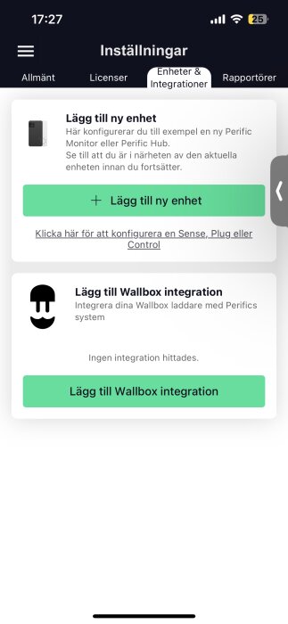 Skärmbild av appen “Inställningar” med fliken “Enheter & Integrationer” öppen, visar alternativ att lägga till ny enhet eller Wallbox-integration.