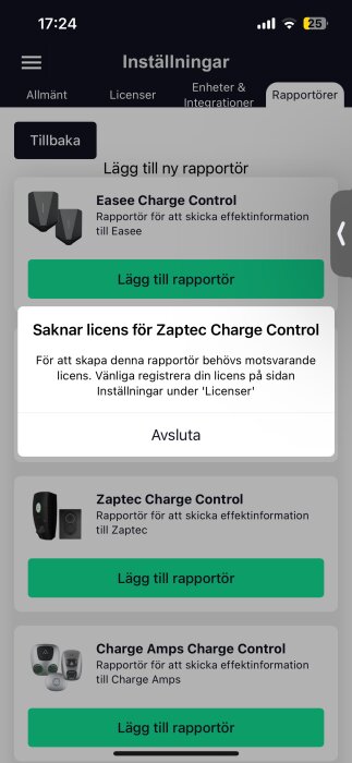 Skärmbild av en appinställningssida som visar en varning om saknad licens för Zaptec Charge Control och möjlighet att lägga till rapportörer.