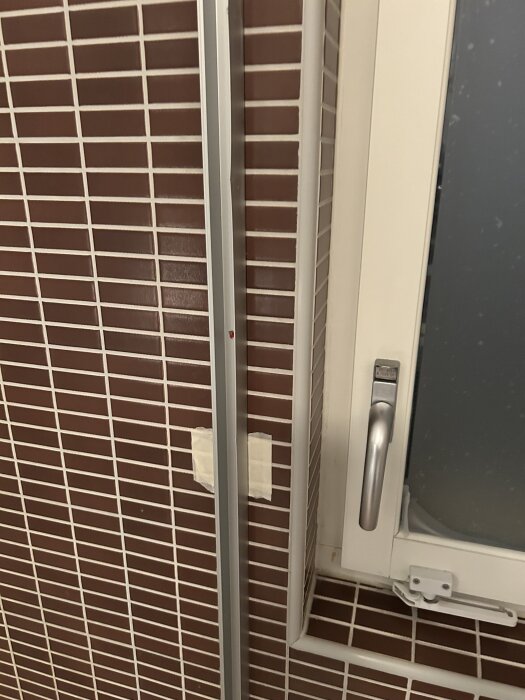 Duschvägg av metall bredvid ett fönster, brun kakelvägg i bakgrunden.