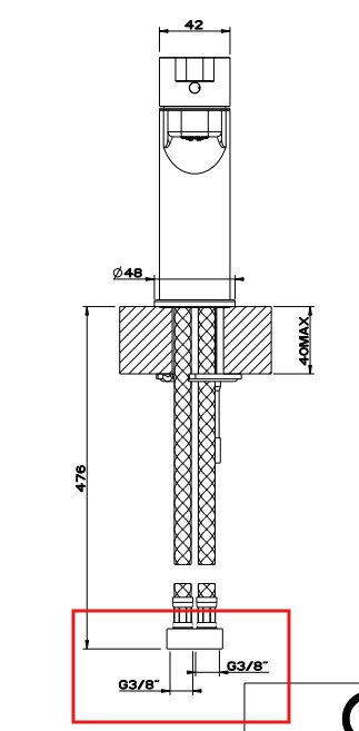 Ritning av tvättställsblandare med måttangivelser; G3/8 anslutning markerad i röd ruta samt dimensioner som 42, 48 och 476 mm.