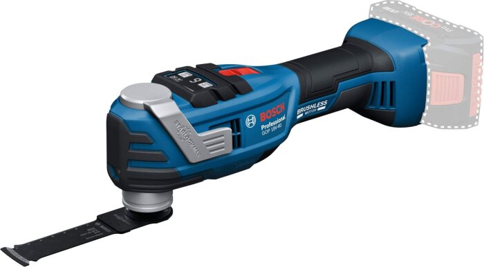 Bosch GOP 18V-40 multimaskin med Starlock Max-fäste, visar en blå och svart design med blad på framsidan.