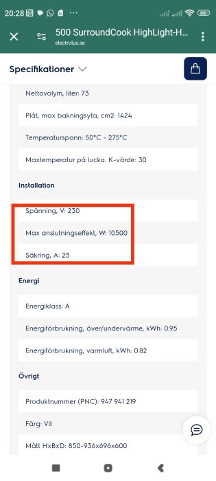 Specifikationer för Electrolux 500 SurroundCook ugn; Spänning: 230V, Max anslutningseffekt: 10500W, Säkring: 25A, energiklass: A.