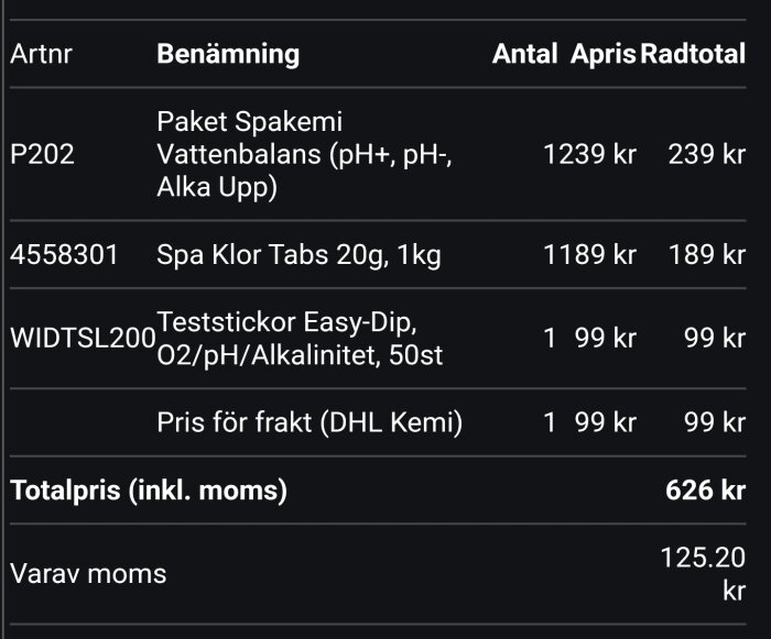 Kvitto för inköp av spaprodukter inklusive klortabs, pH-justerare och teststickor, totalt 626 kr inklusive moms.