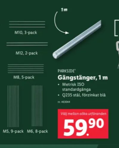 Annonsbild för gängstänger i olika storlekar; M5, M6, M8, M10, M12, 1 m långa, förzinkat blå, pris 59,90 SEK.