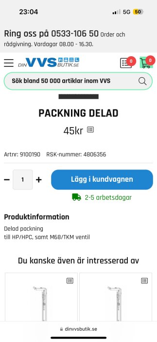 Webbshopsida för delad packning, 45kr, produktinformation för HP/HPC och M68/TKM ventil, med köpknapp och leveranstid.