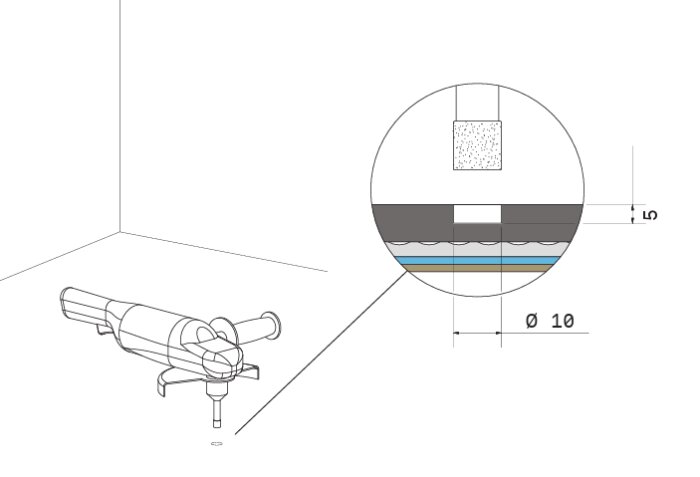 Ritning som visar monteringen av duschväggens golvfäste: 10 mm diameter och 5 mm djup hål med epoxylim och bussning.