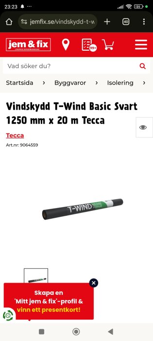 Rulle av vindskyddsduk T-Wind Basic Svart 1250 mm x 20 m från Tecca, visas på jem & fix webbplats.