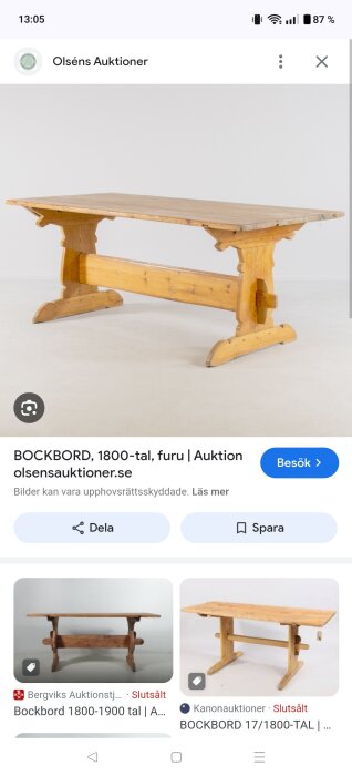 Antikt bockbord i furu från 1800-talet, fotograferat i en ljus miljö.