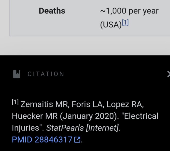 Bibliografisk hänvisning: Zemaitis et al., "Electrical Injuries," StatPearls, jan 2020, och statistik om dödsfall (~1,000 per år i USA).