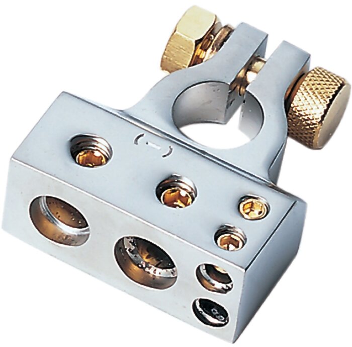 Batteripolsko med flera kabelingångar och insexskruv, används för enkel anslutning av skalade kablar utan kabelskor.