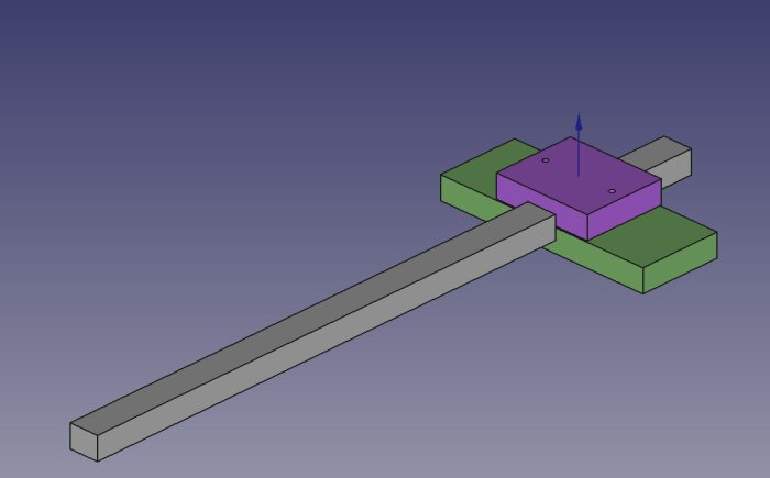 CAD-skiss som visar ett parallellstopp med grå bom, grön anhåll och lila klämma, utformad för enkel justering.