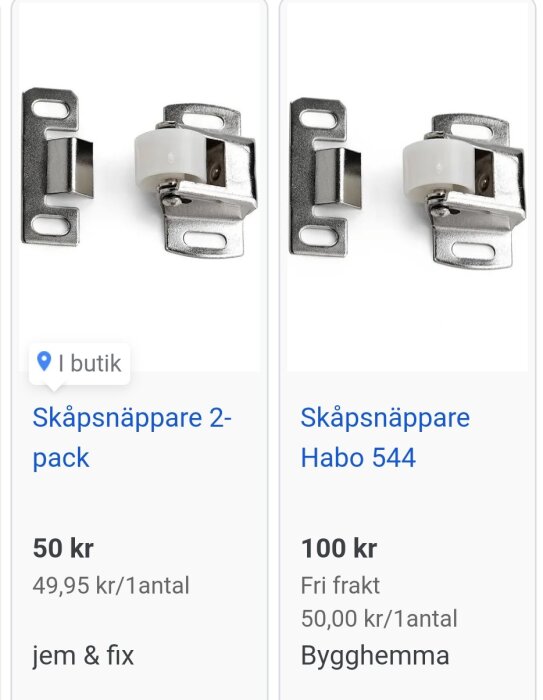 Prisjämförelse av skåpsnäppare: 50 kr för 2-pack från jem & fix och 100 kr från Bygghemma, visar dubbelt pris för samma produkt.