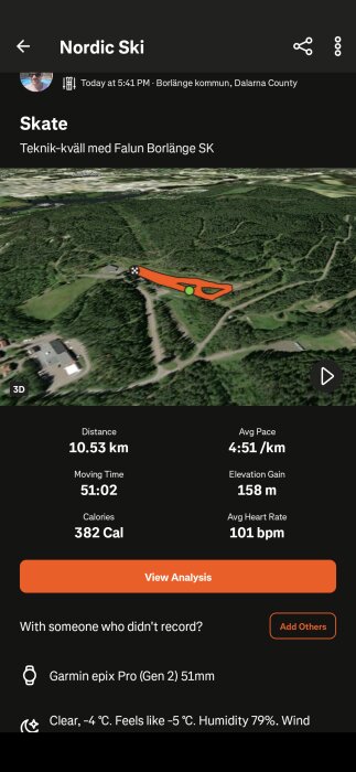3D-karta över skidspår i Borlänge, Dalarna med statistik: Distans 10,53 km, tid 51:02, höjdmeter 158 m, kalorier 382, medelpuls 101 bpm, medeltempo 4:51 min/km.