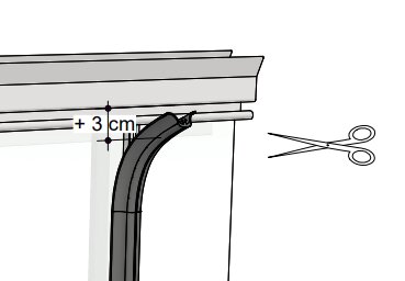 Lista som ska kapas med 3 cm vid montering, illustrerad med skiss och sax.