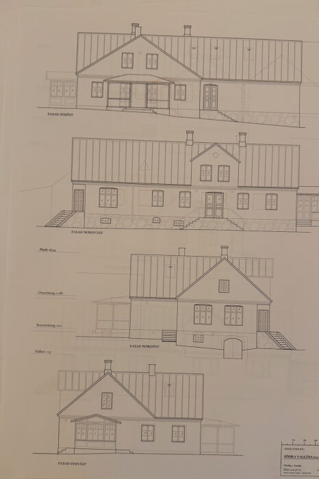 Arkitektskiss som visar flera fasader av ett husdesignkoncept, inklusive sydöst, nordväst, nordöst och sydväst.