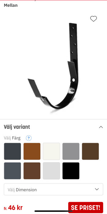 Svart rännkrok i metall för hängränna, med hål för montering. Finns i flera färger och storlekar; pris från 46 kr.