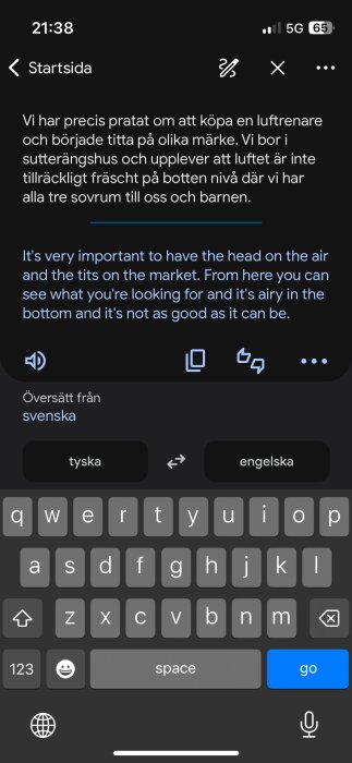 Skärmbild av Google Translate där en svensk text felaktigt översatts till engelska, vilket leder till en humoristisk och inkorrekt mening.