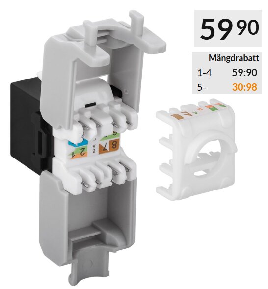 Keystone-modul för installationskabel, grå och vit, med öppet kablage och löstagbar del. Pris och mängdrabatt syns i bilden.