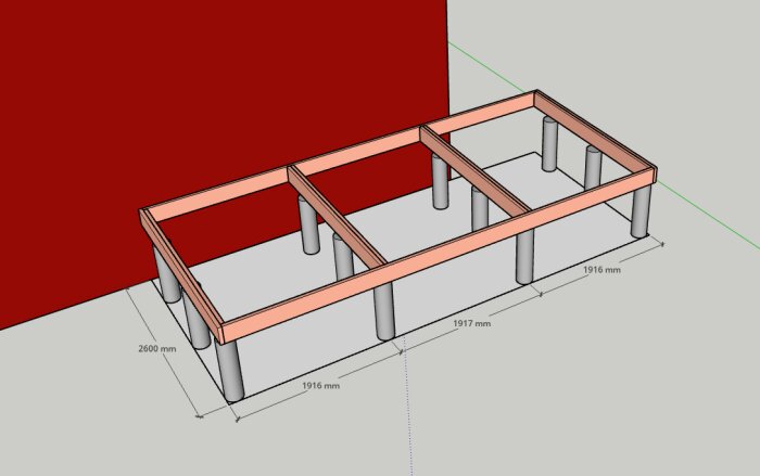 3D-modell av en plintgrund för Attefallstillbyggnad, visar bärlinor på stolpar intill en röd vägg. Mått: 2600x1916 mm.