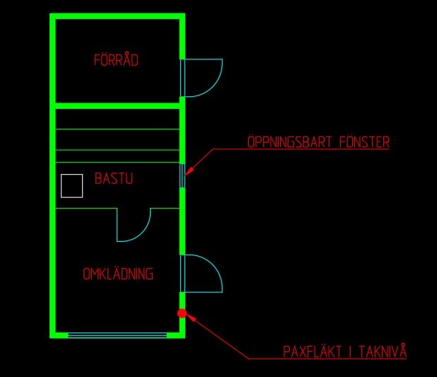 Planritning över bastu med tillhörande förråd, omklädningsrum, samt ventilation med öppningsbart fönster och paxfläkt i taknivå.