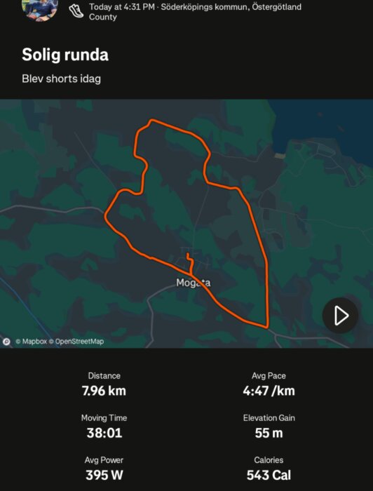 Löpsträcka över 7,96 km i Söderköpings kommun, med en genomsnittlig hastighet av 4:47/km, 55 m höjdökning och kaloriförbränning på 543 Cal.