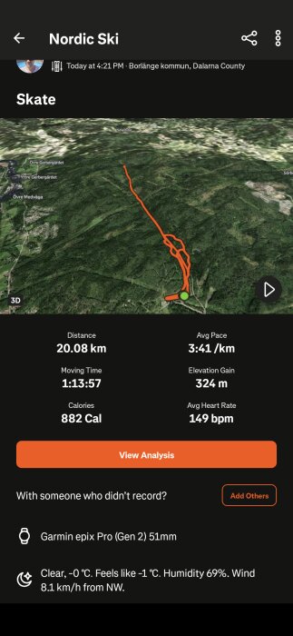 3D-karta över en skidrutt i Borlänge kommun med orange spår, 20.08 km distans, 3:41/km snittempo, 324 m höjdökning, 882 kalorier brända.